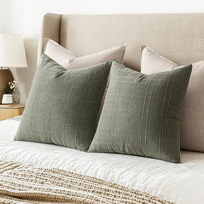 MIULEE Decorative Linen Check Throw Pillow Covers Neutral Farmhouse Vintage Pillow Covers 20x20 Set of 2 Boho Modern Home Decor for Sofa Couch Bedroom Cushion Olive Green