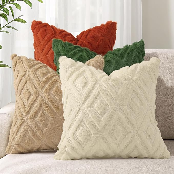 decorUhome Pack of 4 Faux Fur Throw Pillow Covers 20x20, Soft Decorative Couch Pillow Covers with Velvet Back for Modern Sofa Living Room, Khaki/Rust