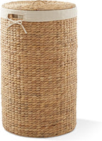 Casafield Round Laundry Hamper with Lid and Removable Liner Bag - Natural, Woven Water Hyacinth Wicker Laundry Basket for Clothes and Towels