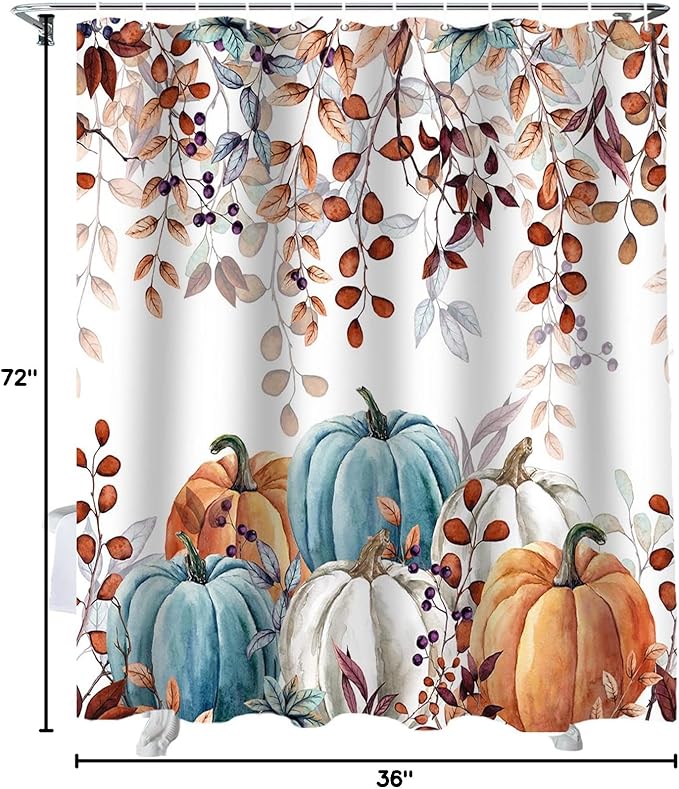 Fall Thanksgiving Shower Curtain, Watercolor Autumn Pumpkins Eucalyptus Leaves Shower Curtains Set with Hooks, Blue Orange Waterproof FabricBathroom Decor Home Accessories,Stall 36 X 72 Inch