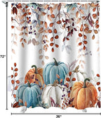 Fall Thanksgiving Shower Curtain, Watercolor Autumn Pumpkins Eucalyptus Leaves Shower Curtains Set with Hooks, Blue Orange Waterproof FabricBathroom Decor Home Accessories,Stall 36 X 72 Inch