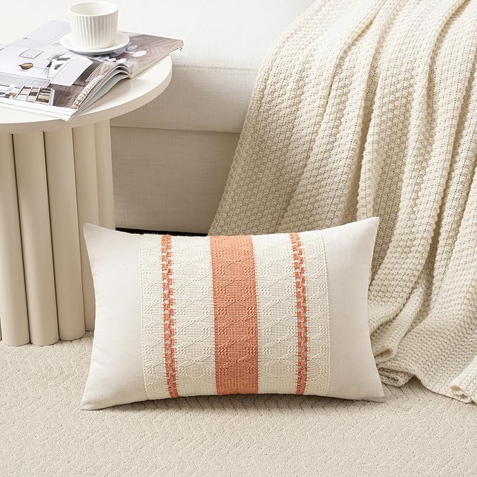 Fancy Homi Set of 2 Boho Coral Lumbar Decorative Throw Pillow Cover 12x20 Inch for Couch Bed Sofa Chair, Modern Organic Farmhouse Home Decor, Soft Cotton Cute Accent Rectangle Cushion Case