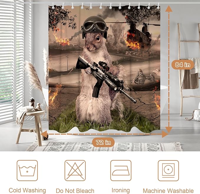 Funny Squirrel Warrior Shower Curtain Helicopter Animal Bathroom Set with 12 Hooks 84Hx72W inch Polyester Machine Washable Waterproof Brown Black and Green