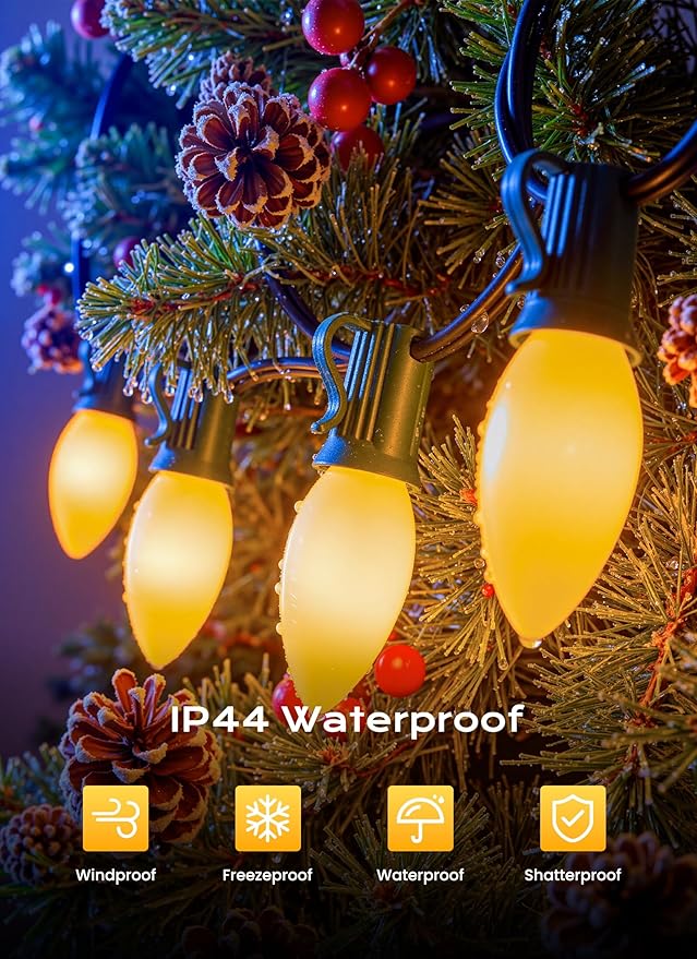 Brightown C9 LED Christmas Lights Outdoor, 25 FT 25 LED Warm White Connectable C9 String Lights for Christmas Tree Patio Roofline Garden Backyard Holiday Party Indoor Outdoor Decoration, Green Wire