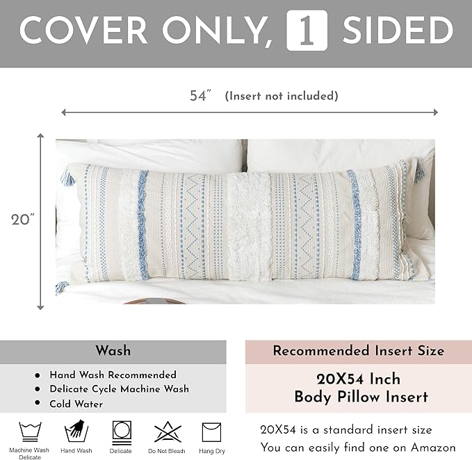 BlissBlush Large Body Pillow Cover for Bed 20x54 Coastal Blue Boho Accent Oversized Long Pillowcase for Bedroom Decorative Cushion Farmhouse Home Décor (Cover ONLY, Pack of 1)