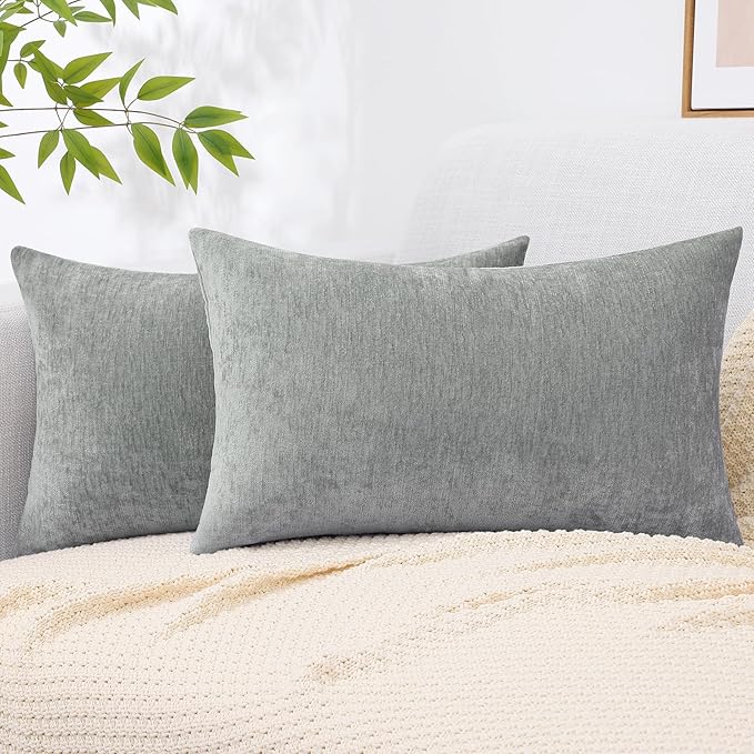 decorUhome Chenille Grey Throw Pillow Covers 12x20 Inch Set of 2, Decorative Soft Couch Pillow Covers Solid Dyed Accent Velvet Farmhouse Neutral Rectangle Pillow Cases for Sofa Bed Living Room