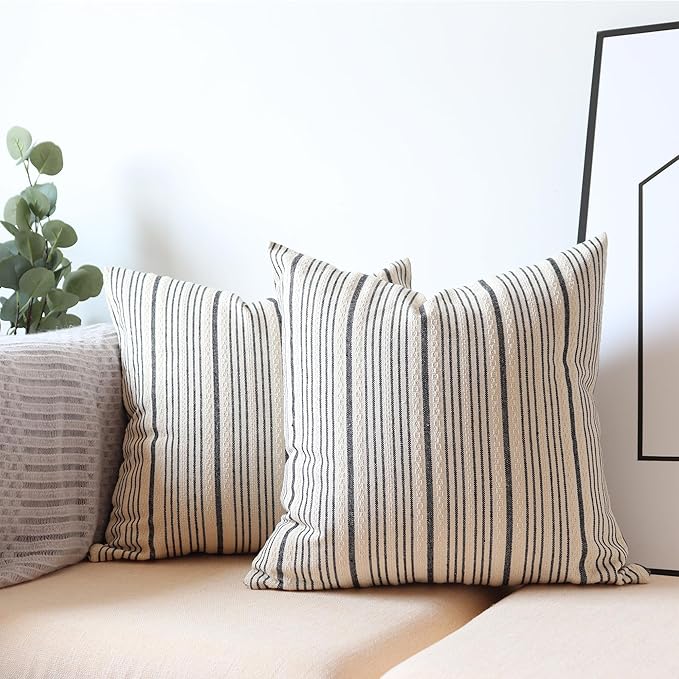 Black Pillow Covers Farmhouse Linen Throw Pillow Covers Striped Outdoor Decorative Square Throw Pillows for Couch Sofa Bed 16x16 in Pack of 2 Black and Cream
