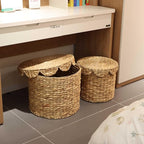 Vintage Woven Storage Basket with Scalloped Lid - Handwoven Water Hyacinth Laundry Hamper for Clothes, Blankets, Toys Organizing - Natural Wicker Basket with Lid (Large Round)