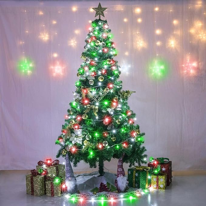 120 LED Christmas Lights Outdoor, 8 Modes Plug in Waterproof Twinkle Fairy String Lights for Tree Christmas Halloween Decorations, Red White&Green