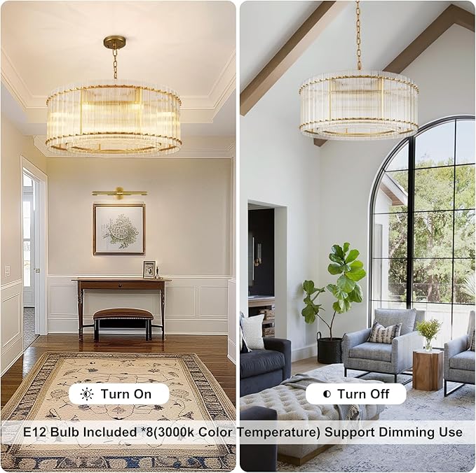 37" Modern Gold Round Chandelier,2-Tier 8-Light Water Ripple Crystal Glass Chandeliers,for Dining Room,Living Room,Bedroom,High Ceiling,Foyer Entryway,Luxury Chandelier