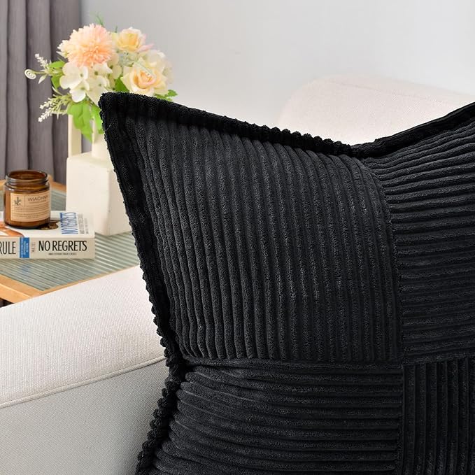HAUSSY Black Large Decorative Throw Pillow Covers 26x26 Inch Set of 2,Soft Solid Corduroy Striped Cushion Case,Square Euro Pillow Shams,Winter Home Decorations for Couch,Bed