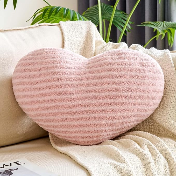 Dusty Pink Heart Pillows, 12.9" Cute Heart Decorative Pillow, Stripe Heart Shaped Plush Throw Pillows for Bed