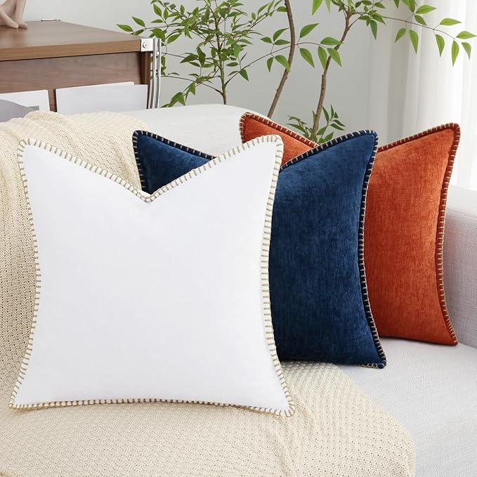 decorUhome Chenille Soft Throw Pillow Covers 22x22 Set of 2, Farmhouse Velvet Neutral Decorative Euro Pillow Covers with Stitched Edge for Couch Sofa Bed Home Decor, White
