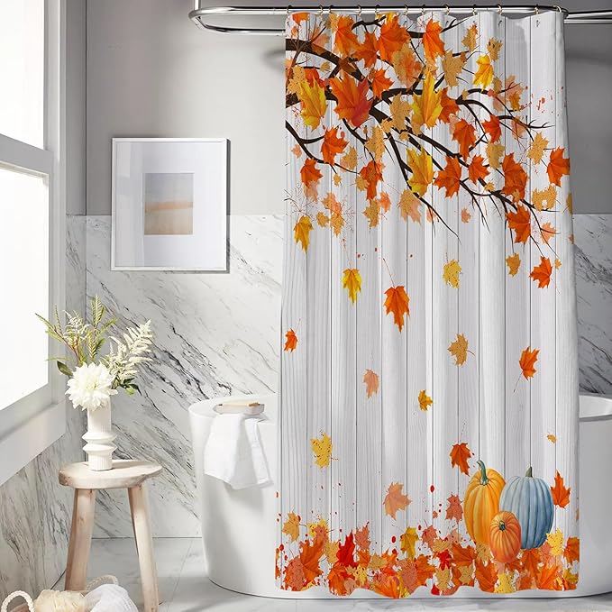 Metawu Fall Shower Curtain Autumn Farmhouse Shower Curtain Fallen Leaves Pumpkin Waterproof Shower Curtain Sets Washable Shower Curtain 72"×72" with 12 Hooks Bathtubs Bathroom Accessories