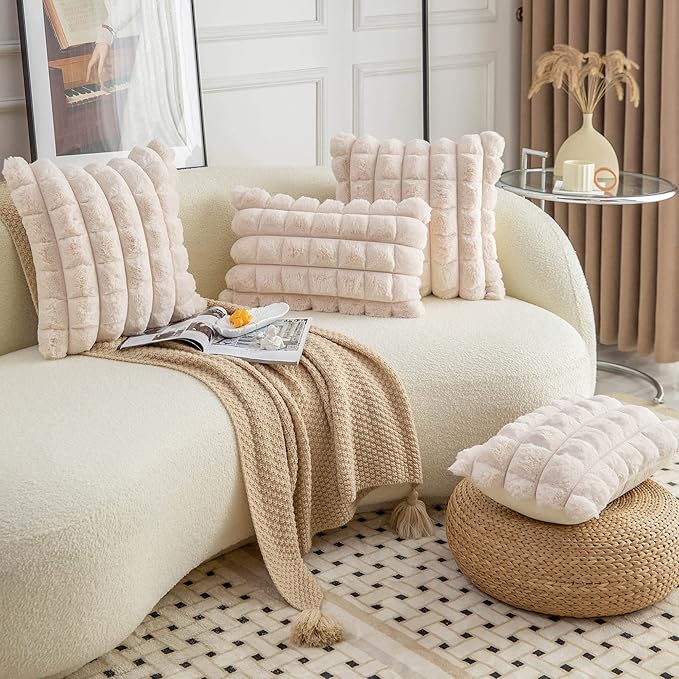 Neelvin Beige Faux Fur Cozy Soft Plaid Decorative Throw Pillow Covers 24x24 inch Set of 2,Velvet Pillowcase Cushion Case for Sofa Couch