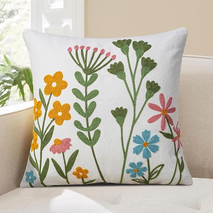 Adabana Neutral Decorative Floral Pillow Covers 18x18 Inch Boho Embroidered Throw Pillow Cover Farmhouse Couch Cushion Cases for Bed Sofa Bedrrom Living Room Decor,Spring Floral