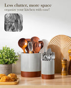 MALACASA Utensil Holder, 7.3"+5.5" Ceramic Kitchen Utensil Holder for Countertop, Large Cooking Utensil Crocks for Kitchen Counter, Farmhouse Utensils Organizer, Set of 2, Khaki Gray, Series TARA