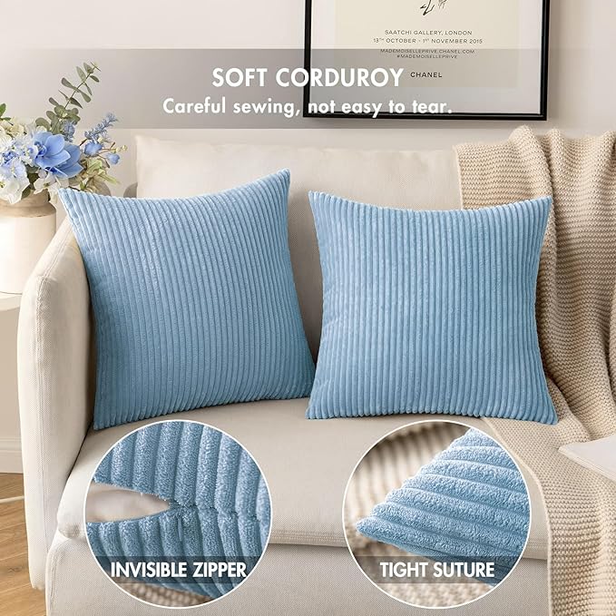 MIULEE Winter Pack of 2 Corduroy Pillow Covers Soft Soild Cushion Cases Decorative Square Throw Pillow Covers Baby Boy Blue Pillowcases for Sofa Bedroom Car 18 x 18 Inch 45 x 45 Cm