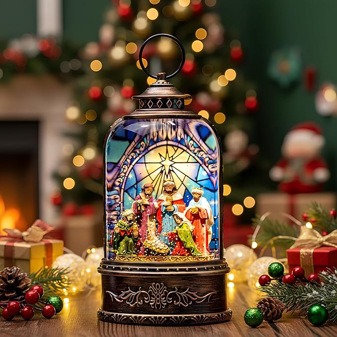 Christmas Snow Globe Swirling Glittering Nativity Scene with Music, USB Lined/Battery Operated Lighted Water Lantern for Christmas Festival Decoration Gifts