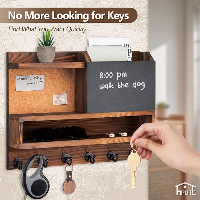 Key Holder for Wall Mount with Mail Organizer, Farmhouse Key Holder for Wall with Shelf, Chalkboard&Corkboard, Entryway Organizer 11 Metal Hooks, Decorative Natural Pine Wood, 14.6*11.1*3.3”, A-Brown