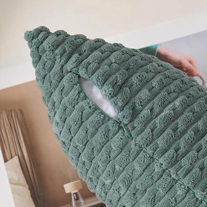 Kevin Textile Decorative Pillow Covers Set of 2 Striped Plush Corduroy Pillows Pillowcases Boho Home Decor Cushion Covers for Couch Sofa Bed Living Room 22x22 Inch, Teal Green