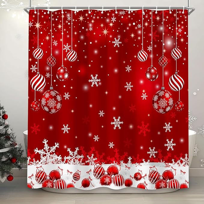 Red Christmas Shower Curtain Set, Merry Christmas Ball Winter Snowflakes Glitter Sparkle Shower Curtain for Bathroom Xmas Holiday Decor, Durable Fabric Machine Washable with Hooks, 72 x 72 Inches