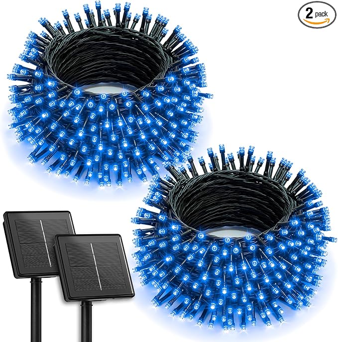 Brightown 2 Pack Solar String Lights Outdoor, Total 144Ft 400 LED Twinkle Fairy Lights Waterproof with 8 Modes Auto On/Off for Patio Tree Garden Party Home Wedding Christmas Decorations (Blue)