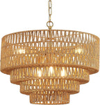 19.7" Boho Rattan Chandelier Vintage 6-Light Farmhouse Hand-Woven Bamboo Chandelier Light Fixture Rustic Drum Wicker Golden Chandeliers for Dining Room, Kitchen Island, Bedroom, E12