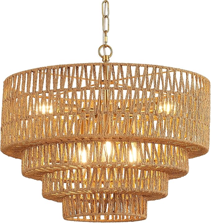 19.7" Boho Rattan Chandelier Vintage 6-Light Farmhouse Hand-Woven Bamboo Chandelier Light Fixture Rustic Drum Wicker Golden Chandeliers for Dining Room, Kitchen Island, Bedroom, E12