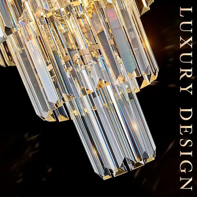 Modern Crystal Pendant Light for Kitchen Island, Mini Gold Crystal Light Fixture Luxury for Dining Room, K9 Ceiling Pendant Light 3 Tiers for Hallway Bedroom Closet