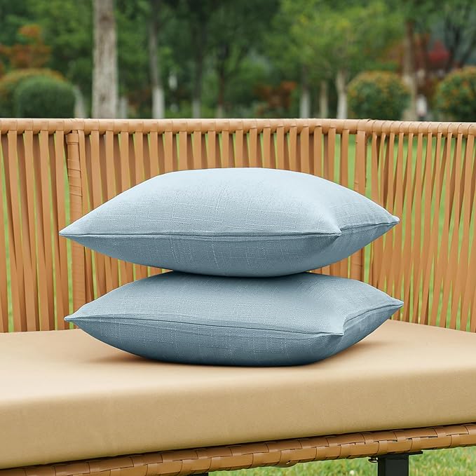 NiNi ALL Pack of 2 Decorative Outdoor Waterproof Pillow Covers Square Garden Linen Textured Cushion Sham Throw Pillowcase Set of 2 for Patio Farmhouse Garden Tent Couch 20x20 Inch Light Blue