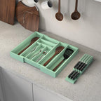 Bamboo Kitchen Drawer Organizer, Expandable Utensil Organizer with Removable Knife Block, Cutlery Tray Holder with Divider, Adjustable Silverware Organizer, Cyan