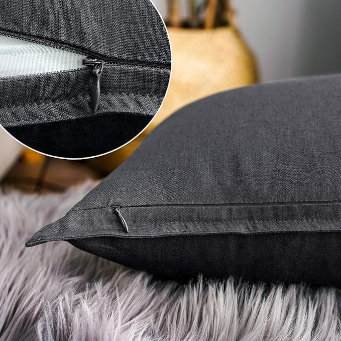 Jeanerlor Natural Cotton Linen Square Decorative Throw Pillow Case Dark Grey Cushion Cover with Twin Needles Stitch on Edge for Lumbar, 12"x20"(30 x 50cm), Dark Grey