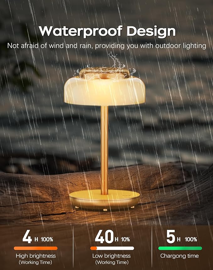QiMH Battery Operated LED Table Lamp, 5000mAh Rechargeable Cordless Lamp, Stepless Dimmable Touch Control, Small Waterproof Desk Night Light for Living Room, Bedroom, Outdoor Bar (Gold)