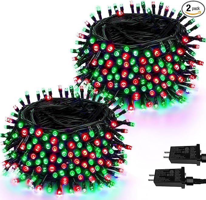 2 Pack Christmas String Lights Indoor Outdoor, Super Bright 66FT 200 LED String Lights Waterproof, 13 Modes Twinkle Xmas Lights with Timer for Christmas Tree Decorations (Red and Green)
