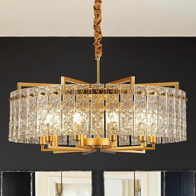 Gold Crystal Chandeliers for Dining Room 10-Light, 29.5” Modern Water Ripple Glass Light Fixture, Farmhouse Round Lighting for Kitchen Island, Bar Table