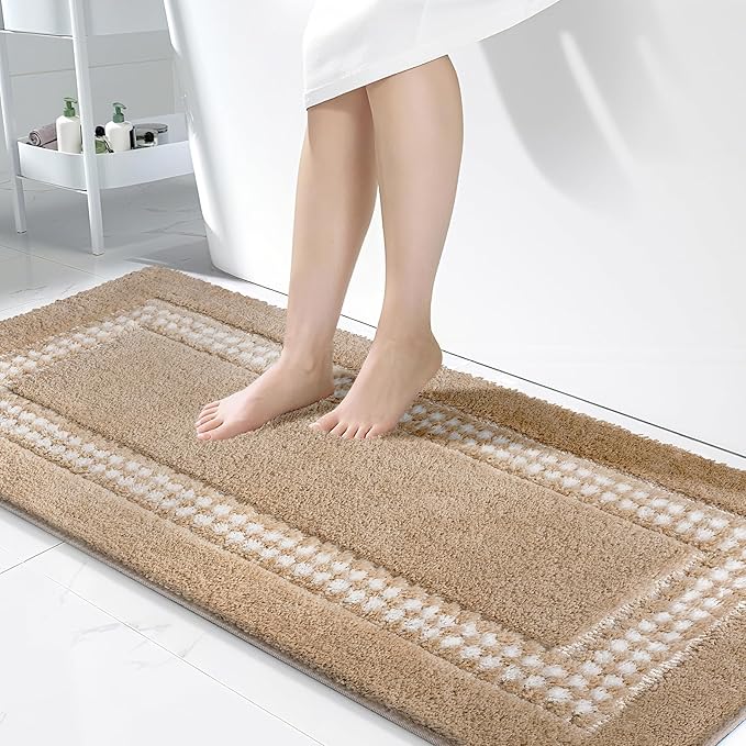 Beige Bathroom Rugs 24x47, Non Slip Washable Bath Mats,Super Soft Microfiber Bathroom Runner, Plush Fluffy Absorbent Bath Rugs for Sink Tub Basin Shower Floor