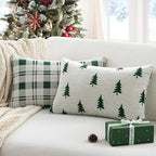 MIULEE Christmas Decorative Chenille Throw Pillow Covers, 12x20 Inch, White Dark Green Tree, Set of 2 Cute Trees with Plaid Patterns Pillows for Sofa Couch Bedroom Chair Xmas Home Decor