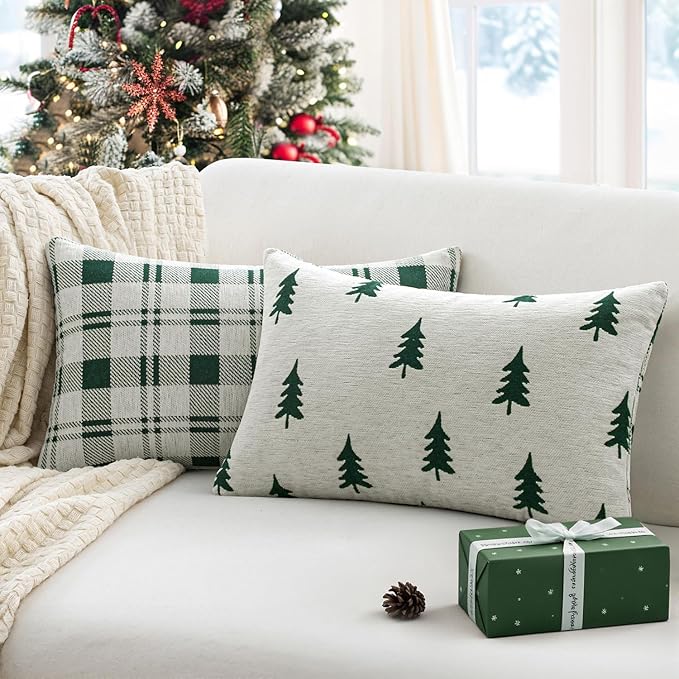 MIULEE Christmas Decorative Chenille Throw Pillow Covers, 12x20 Inch, White Dark Green Tree, Set of 2 Cute Trees with Plaid Patterns Pillows for Sofa Couch Bedroom Chair Xmas Home Decor