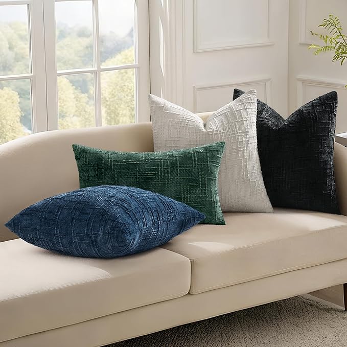 decorUhome Christmas Green Chenille Throw Pillow Covers 16x16 Set of 2 Thick Textured Slubby Couch Pillow Covers Farmhouse Accent Modern Neutral Decorative Pillow Cases for Bed Sofa Living Room