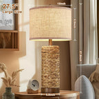 27.5'' Tall Natural Rattan Table Lamps Set of 2, Hand - Woven Wicker Lamp with Linen Shade, Rustic Coastal Boho Style Table Lamps for Bedroom, Living Room, Home Decor
