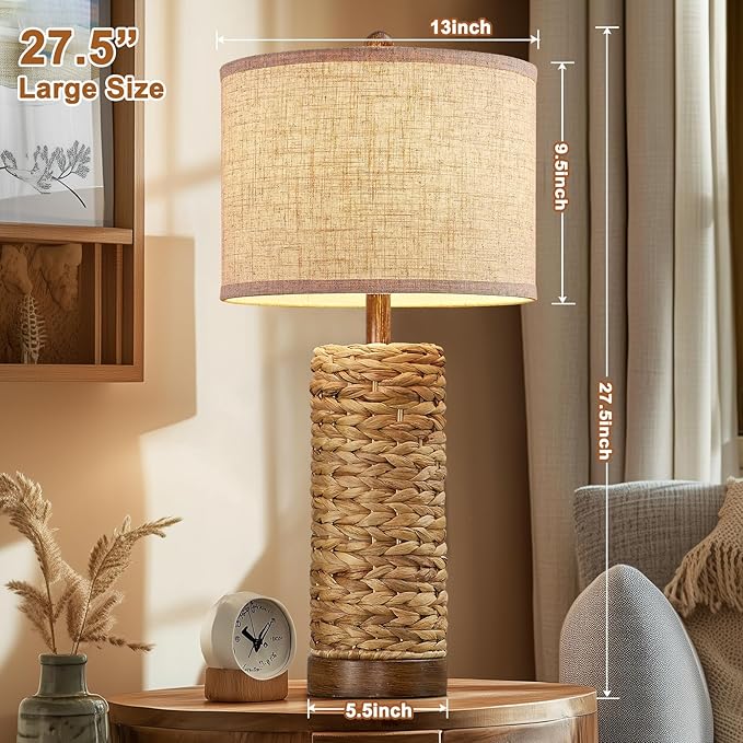 27.5'' Tall Natural Rattan Table Lamps Set of 2, Hand - Woven Wicker Lamp with Linen Shade, Rustic Coastal Boho Style Table Lamps for Bedroom, Living Room, Home Decor