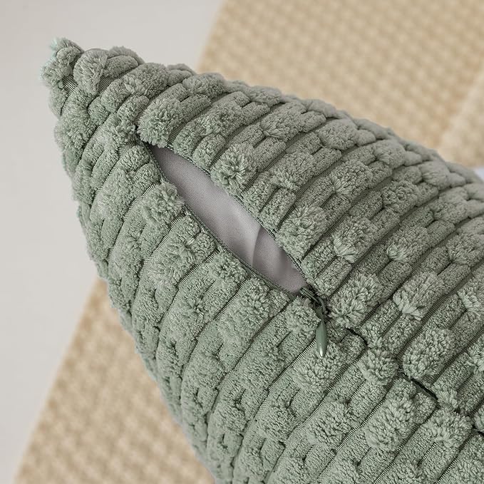 Kevin Textile Throw Pillow Covers Soft Corduroy Decorative Set of 2 Boho Striped Pillow Covers Pillowcases Farmhouse Home Decor for Couch Bed Sofa Living Room 26x26 Inch Greyish Green