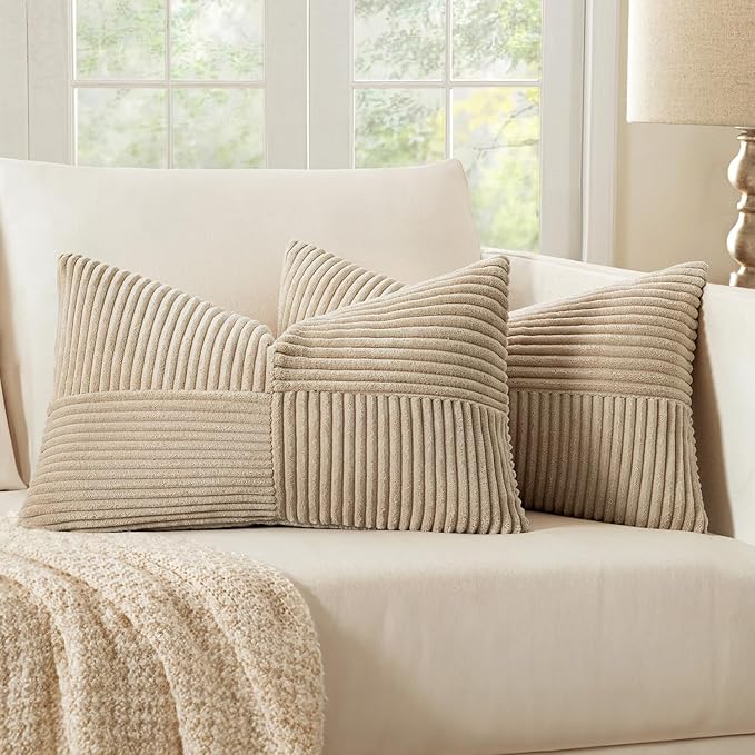 MIULEE Cream Corduroy Pillow Covers Pack of 2 Boho Decorative Spliced Throw Pillow Covers Soft Solid Couch Pillowcases Cross Patchwork Textured Cushion Covers for Living Room Bed Sofa 12x20 inch