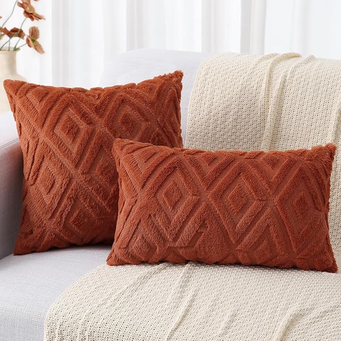 decorUhome Fall Couch Throw Pillow Covers 16x16 Set of 2, Decorative Soft Plush Faux Wool Neutral Accent Pillow Covers for Bed Sofa Living Room, Rust