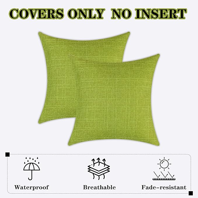 Kevin Textile Pack of 2 Decorative Outdoor Waterproof Checkered Pillow Covers Spring Square Garden Cushion Sham Throw Pillowcase Shell for Patio Tent Couch 24x24 Inch Green