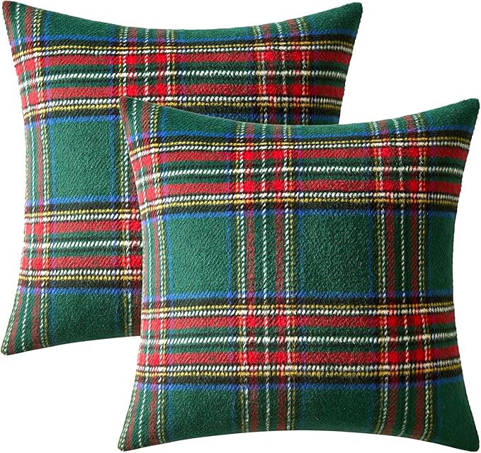 MIULEE Christmas Plaid Decorative Throw Pillow Covers Set of 2 Scottish Tartan Vintage Farmhouse Winter Cuhion Case Pillow Covers for Couch livingroom Sofa Bed Porch Home Decor 18x18inch Green