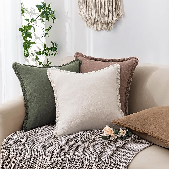 Woaboy Decorative Linen Fringe Throw Pillow Covers Boho Farmhouse Soft Euro Cushion Covers Accent Pillowcases with Tassels for Living Room Couch Sofa Bed Chair, 26x26 Inch Set of 2,Dark Coffee