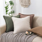 Woaboy Decorative Linen Fringe Throw Pillow Covers Boho Farmhouse Soft Cushion Covers Accent Pillowcases with Tassels for Living Room Couch Sofa Bed Chair,20x20 Inch Set of 2,Brown