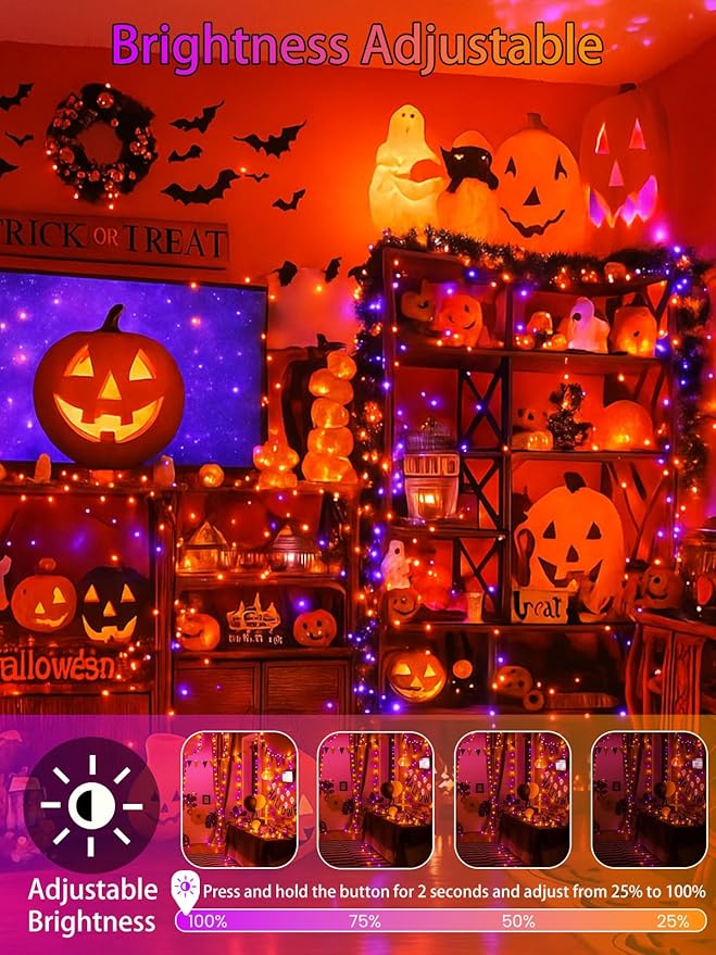 2-Pack 66FT 200 LED Extendable Halloween Lights,13 Modes Orange and Purple Halloween Decorations Outdoor Indoor Tree Lights Waterproof, Plug in String Lights with Timer and Memory for Bedroom Decor